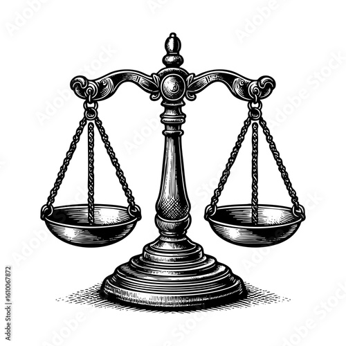 Scales of justice sketch engraving black and white outline. Scratch board imitation.  illustrated in vintage line art style on a white background.