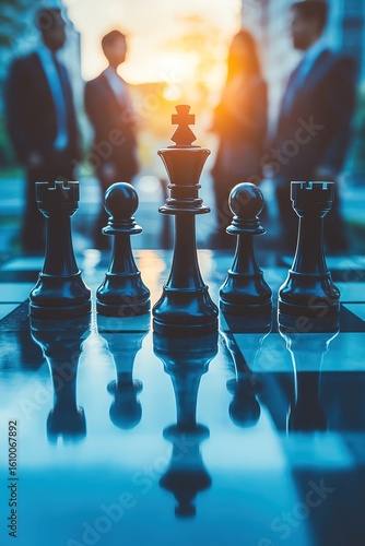 Strategic business planning concept represented by chess pieces overlayed with businesspeople