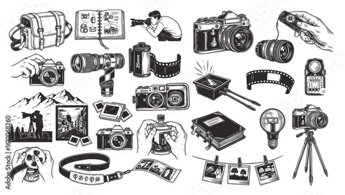 A detailed collection of vintage-style black and white illustrations of photography gear—cameras, lenses, film, and darkroom tools. Ideal for posters, t-shirts, branding, and creative projects.