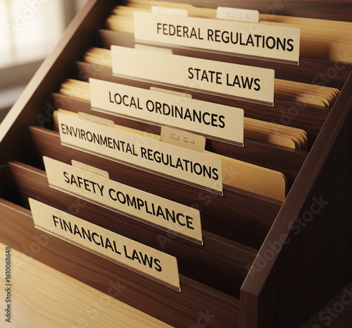Wooden file cabinet with dividers labeled with various legal regulations.
