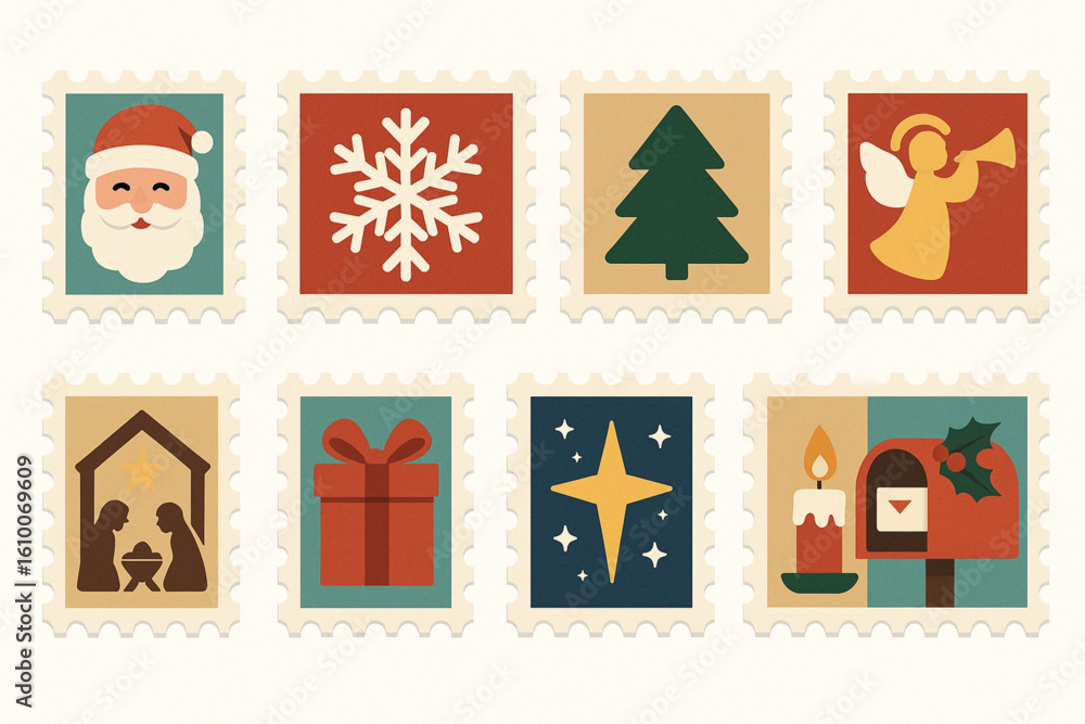 Obraz premium Flat Design Christmas Postage Stamp Icons, Festive Holiday Mail Set
