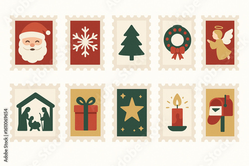 Flat Design Christmas Postage Stamp Icons, Festive Holiday Mail Set