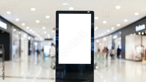 Vertical Digital Advertising Screen In A Shopping Mall With Blurred Background And Passing People
