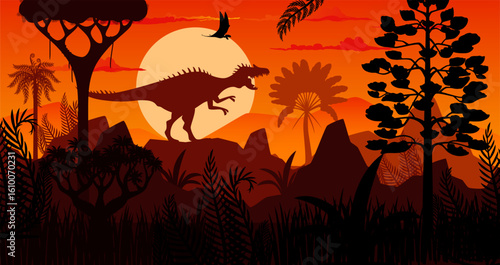 Prehistoric Spinosaurus dinosaur sunset silhouette. Vector dusk scene of roaring predatory reptile shadow at ancient, Jurassic era landscape. Majestic creature in evening jungle rainforest environment