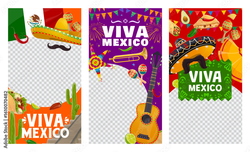Fototapeta premium Viva Mexico social media banners templates with mexican holiday round frames. Vector fiesta guitar, maracas and sombrero hats, Mexico flag, cactus and chili, taco, burrito and pinata cartoon banners