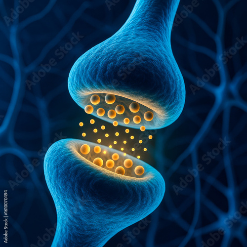  3D rendering of a neuronal synapse showing neurotransmitter release between two neurons