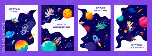 Space journey and galaxy explore posters with cartoon kid alien and astronaut characters, rocket and planets. Space exploration and discovery, outerspace travel vector posters with UFO and rockets