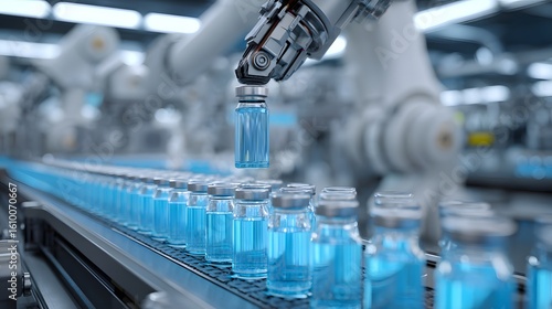 Robotic arm places vials of a vaccine or medicine on a conveyor belt in a futuristic pharmaceutical manufacturing facility.

