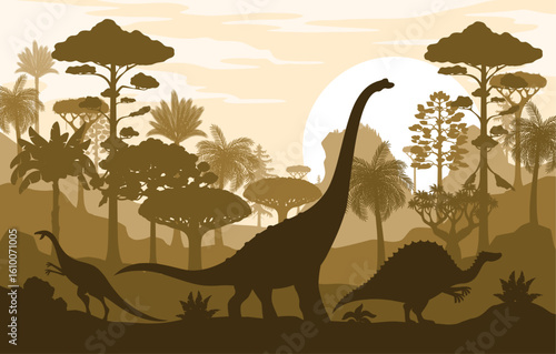 Dinosaur silhouettes in jungles, prehistoric landscape of Jurassic park lizards, vector background. Dinosaur and dino reptiles in tropical forest with mountains and sun in sky on prehistoric landscape