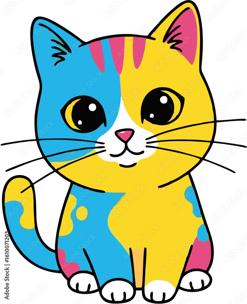 Fototapeta premium Adorable cartoon kitten, blue and yellow fur, large eyes, sitting.
