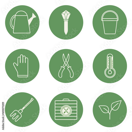 Garden tools and plant icons gardening plant care