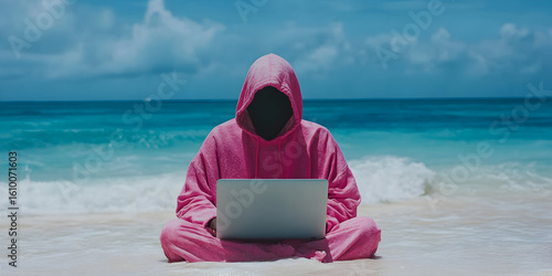 Hacker leak image features pink clad figures on beach with laptop, hinting at compromised security. Suitable for cybersecurity and data breach concept.