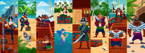 Cartoon pirates and corsair characters of Caribbean treasure island, vector collage. Pirates on ship, captain in tricorne hat, skipper or boatswain with saber sword and corsair sailor with pistol guns