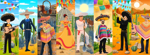 Cartoon Mexican characters collage showcases Latin culture with traditional mariachi musicians, charros, folkloric dancers, tequila producer characters and festive decorations on the desert background