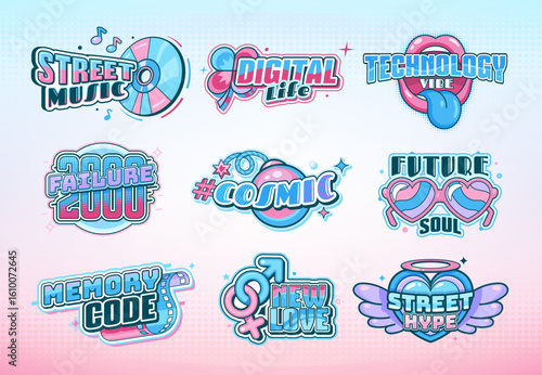 Y2k icons, nostalgic stickers and phrases set. Street music, digital life, technology vibe, styled with glossy effects, pastel gradients, and retro futuristic early 2000s digital culture aesthetics
