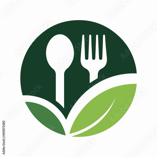 Minimalist green logo with spoon fork and leaves vector