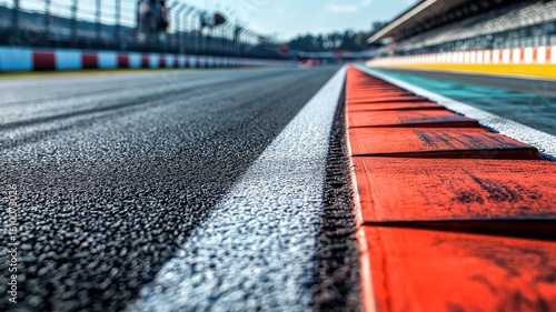 This close-up shot captures an empty Formula 1 track pit area, highlighting the intricate details of the asphalt surface and vibrant pit lane markings.