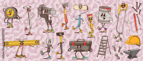 Groovy building, DIY and repair tool characters. Retro hippie hammer, toolbox paint, brush and roller vector personages. Cartoon groovy helmet, axe, spatula and saw, funny renovation tool characters