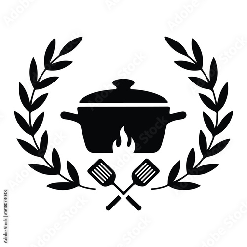 Culinary award emblem with cooking pot and spatulas flame laurel
