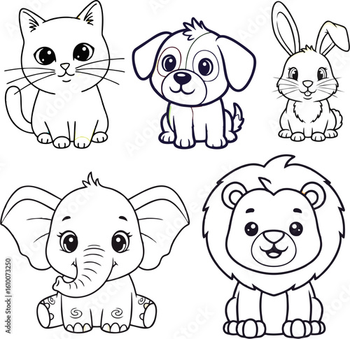Adorable cartoon animals ready for coloring: cat, dog, rabbit, elephant, and lion.