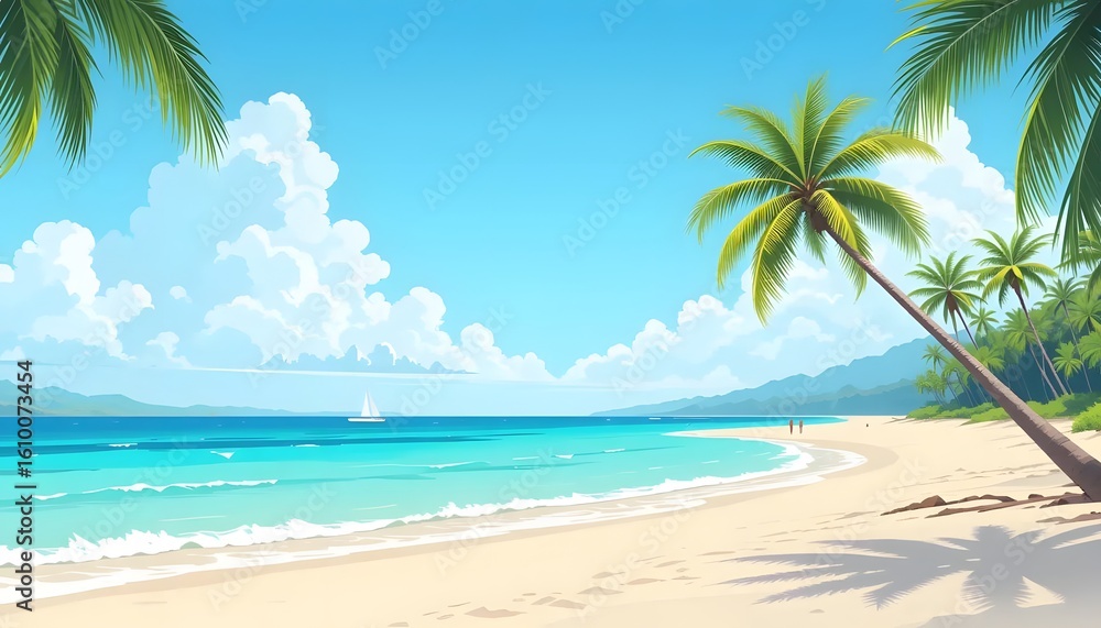 Obraz premium A scenic beach with palm trees, turquoise water, white sand, and a sailboat on a sunny day