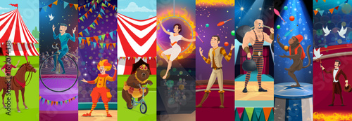 Cartoon circus performer characters collage. Animal tamer, aerial and riding penny-farthing bicycle acrobats, clown, juggler, strongman and magician performers vector personages on circus stage