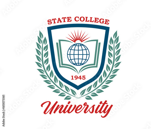 University college icon. Vector emblem with globe, book and laurel wreath in shield frame. Educational badge with sunburst, green leaves, blue lines. Academic label for global knowledge and learning