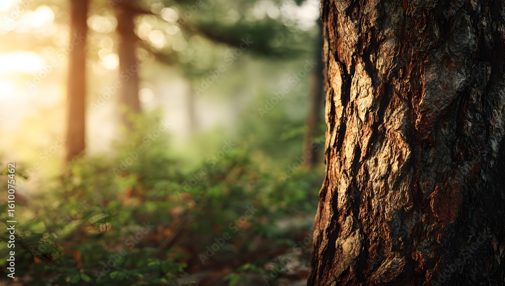 Fototapeta premium Close-up of tree bark in forest with soft sunlight and blurred background
