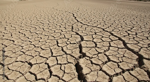 Dry Cracked Earth Surface Showing Severe Drought Conditions in an Arid Landscape Under Bright Sunlight