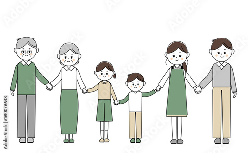 祖父母と手をつないで並ぶ家族のイラスト