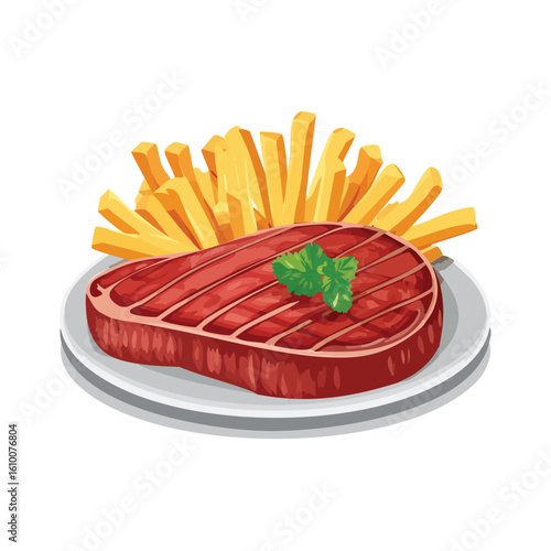 Vector Illustration of Beef Steak with French Fries – Isolated Flat Design of Juicy Grilled Meat and Crispy Fries on White Background for Menu, Icon, Infographic, or Culinary Graphics Use