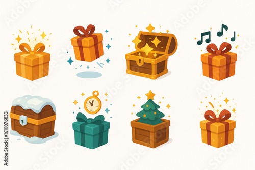 Flat Coloring Magical Christmas Box Icons, Festive Holiday Fantasy Set