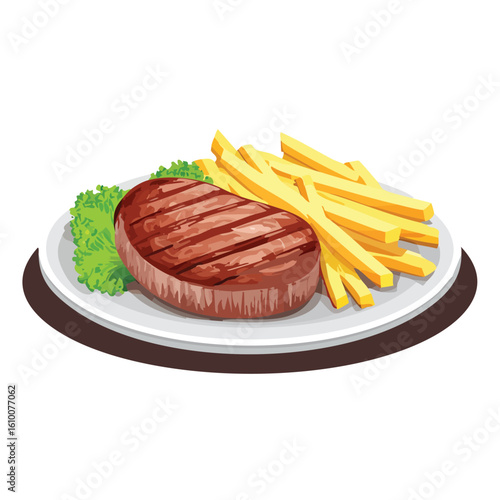 Vector Illustration of Beef Steak with French Fries – Isolated Flat Design of Juicy Grilled Meat and Crispy Fries on White Background for Menu, Icon, Infographic, or Culinary Graphics Use