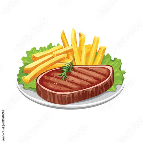 Vector Illustration of Beef Steak with French Fries – Isolated Flat Design of Juicy Grilled Meat and Crispy Fries on White Background for Menu, Icon, Infographic, or Culinary Graphics Use