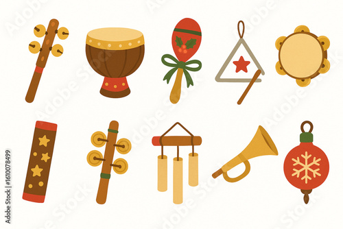 Flat Design Handmade Christmas Instrument Icons, Festive Musical Craft Set