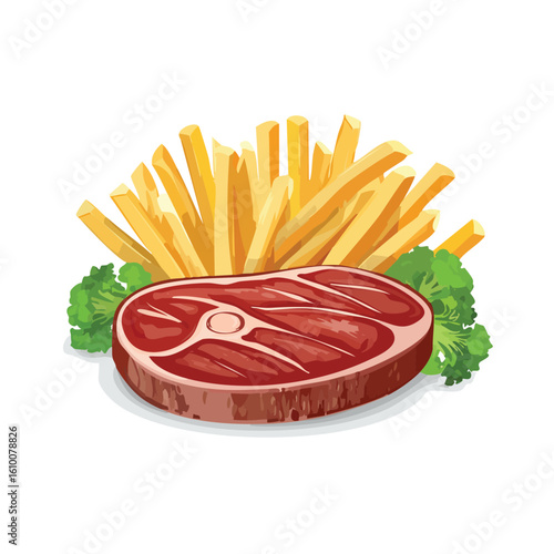 Vector Illustration of Beef Steak with French Fries – Isolated Flat Design of Juicy Grilled Meat and Crispy Fries on White Background for Menu, Icon, Infographic, or Culinary Graphics Use