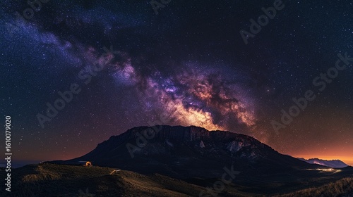 A close-up of the Milky Way stretching across the night sky above a quiet mountain.