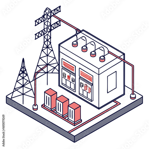 Isometric Illustration of Electrical Substation with Power Lines and Equipment