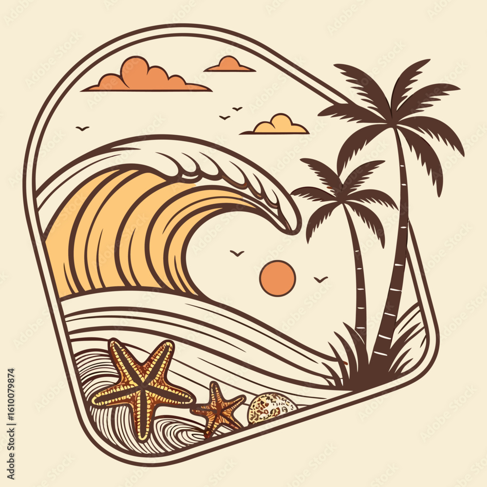 Naklejka premium Retro Beach Scene with Palm Trees Wave Starfish and Sunset Illustration