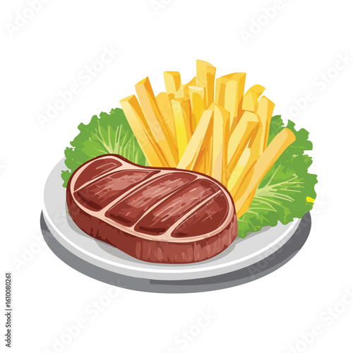 Vector Illustration of Beef Steak with French Fries – Isolated Flat Design of Juicy Grilled Meat and Crispy Fries on White Background for Menu, Icon, Infographic, or Culinary Graphics Use