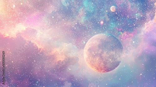A dreamy galaxy filled with pastel colors, sparkles, and floating moons, fantasy aesthetic.