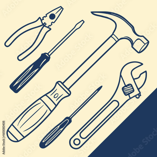 Hand Tools Illustration Hammer Pliers Screwdrivers and Adjustable Wrench on Cream Background