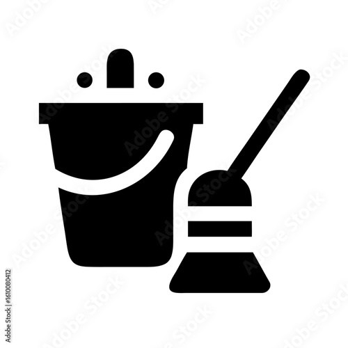 black bucket and broom cleaning icon clip art preview