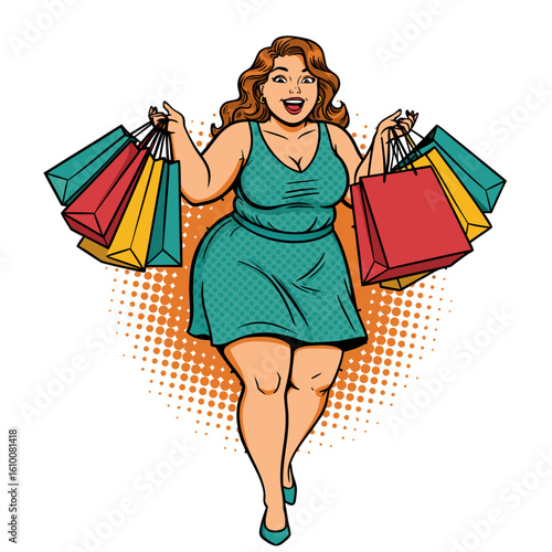 Plus-size woman happily shopping and holding colorful bags  