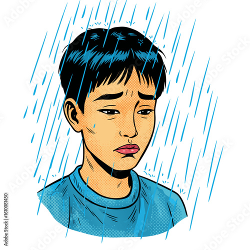 Sad young boy looking down in the rain with a worried expression  