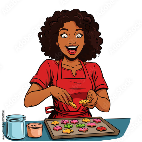 Hispanic woman joyfully baking colorful cookies in kitchen  