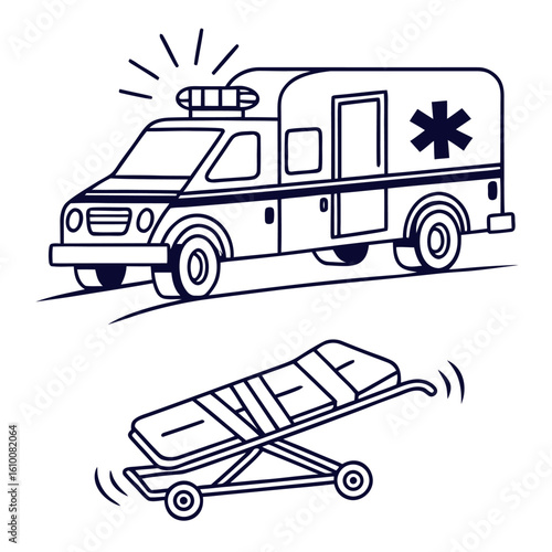 Line art illustration of an ambulance and stretcher on a white background