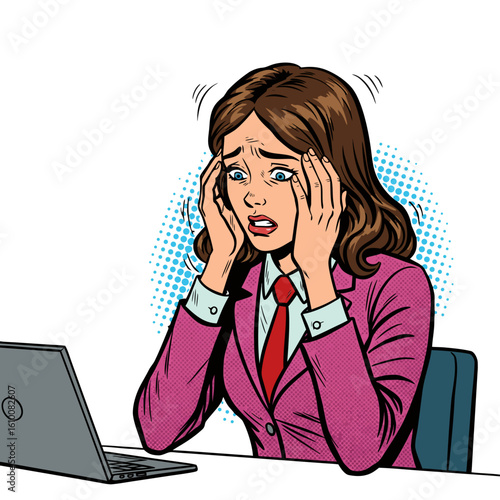 Nervous woman holding her head while sitting at laptop computer  