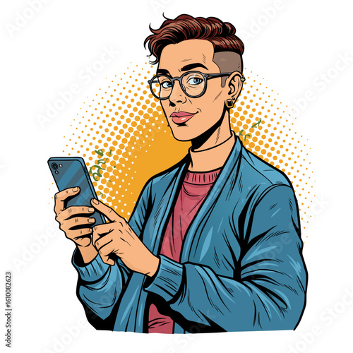 Non-binary person using smartphone while wearing glasses and a sweater  