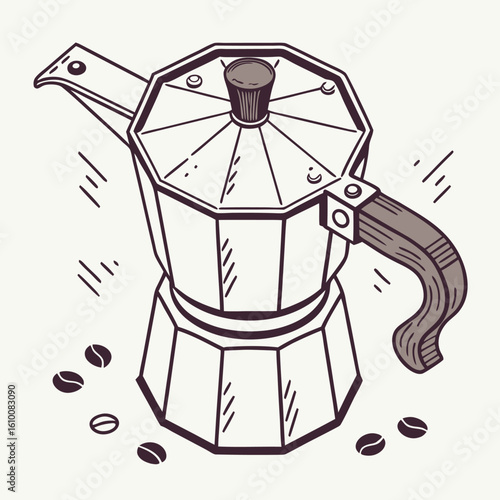 Vintage Italian Moka Pot Illustration with Coffee Beans and Steam Lines